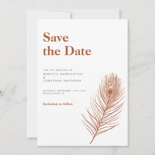 Rust Feather Terracotta Wedding Save the Date Kaart (Voorkant)