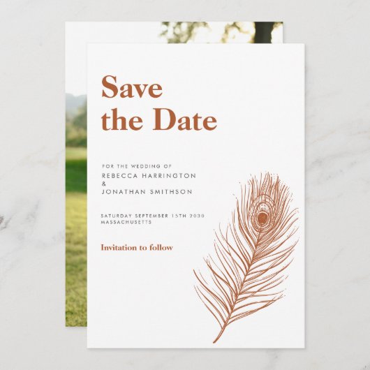 Rust Feather Terracotta Wedding Save the Date Kaart (Voorkant / Achterkant)