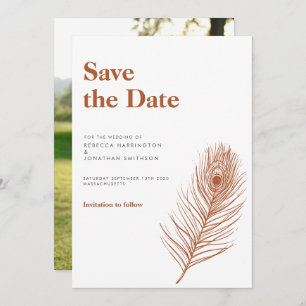 Rust Feather Terracotta Wedding Save the Date Kaart