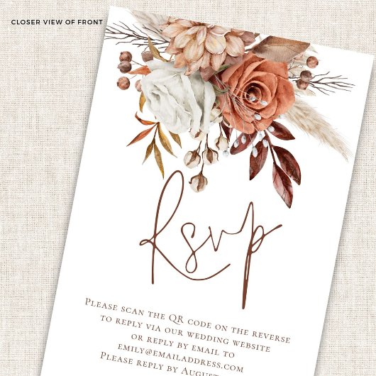 Rust Floral Brown Script QR Code Mariage carte RSV