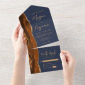 Rust Gold Agaat Navy Blue Modern Script Wedding All In One Uitnodiging (Afscheurbaar)