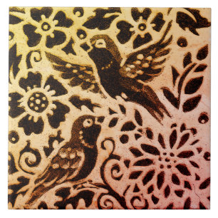 Rust Gold Brown Bird Autumn Leaf Batik Tegeltje