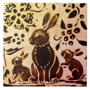 Rust Gold Brown Rabbit Floral Autumn Leaves Batik Tegeltje