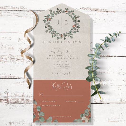 Rust & Groene Eucalyptus Modern No Dinner All In One Uitnodiging