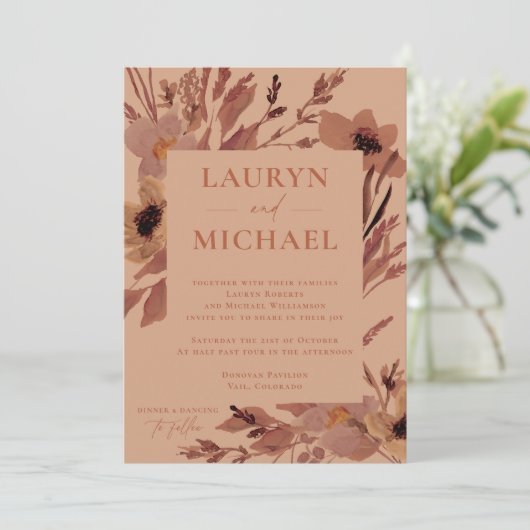 Rust herfst Waterverf bloeit bruiloft uitnodiging (Staand voorkant)