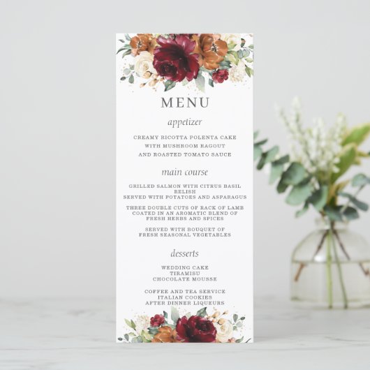 Rust Ivory Bourgogne Floral Menu Mariage (Debout devant)