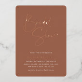 Rust | Modern minimalistisch script Vrijgezellenfe Folie Uitnodiging (Voorkant)