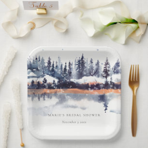 Rust Navy Winter Pine Forest Snow Vrijgezellenfees Papieren Bordje