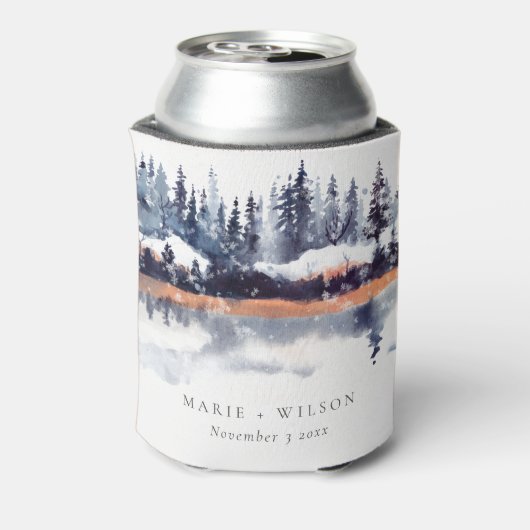 Rust Navy Winter Pine Forest Snow Wedding Blikjeskoeler (Blikje Achterkant)