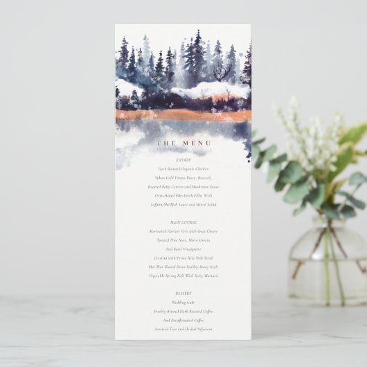 Rust Navy Winter Pine Forest Snow Wedding Menu Kaart (Staand voorkant)