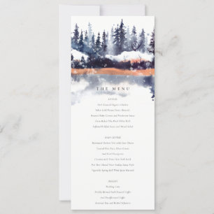 Rust Navy Winter Pine Forest Snow Wedding Menu Kaart