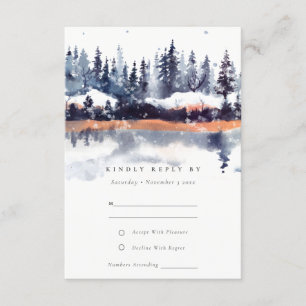 Rust Navy Winter Pine Forest Snow Wedding RSVP Informatiekaartje