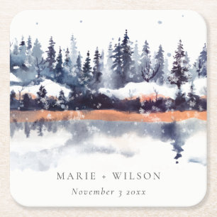 Rust Navy Winter Pine Forest Snow Wedding Vierkante Kartonnen Onderzetter