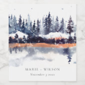 Rust Navy Winter Pine Forest Snow Wedding Wijn Etiket (Enkel label)