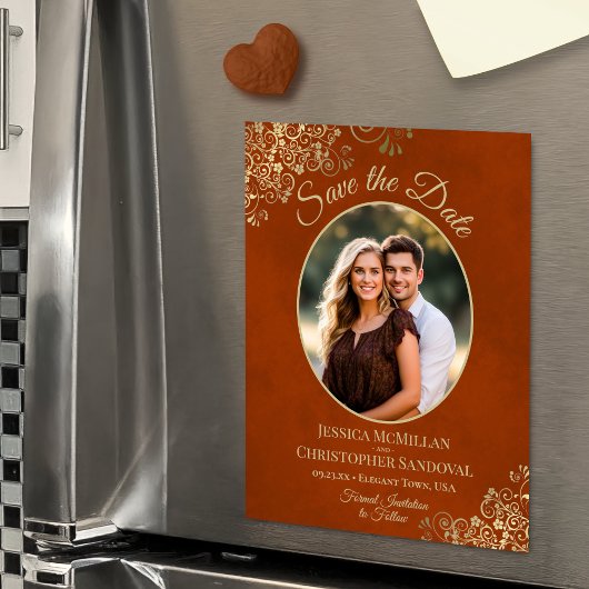 Rust Orange & Gold Wedding Save Date Oval Photo Magnetische Uitnodiging