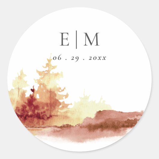 Rust Oranje Gele Herfst Trees Monogram Wedding Ronde Sticker (Voorkant)