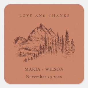Rust Oranje Pine Bossen Mountain Sketch Wedding Vierkante Sticker