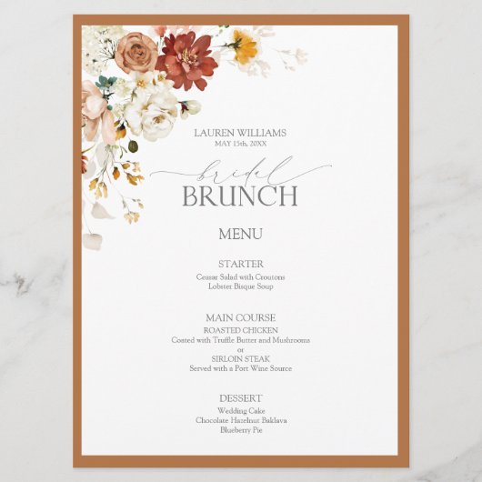 Rust Oranje Waterverf Botanische Bridal Brunch Menu (Voorkant)