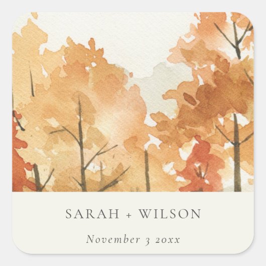Rust Oranje Yellow Autumn Herfst Tree Wedding Vierkante Sticker (Voorkant)