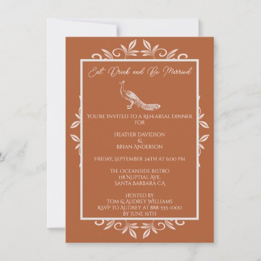 Rust Peacock Flourish Rehearsal Dinner Invitation Kaart (Voorkant)
