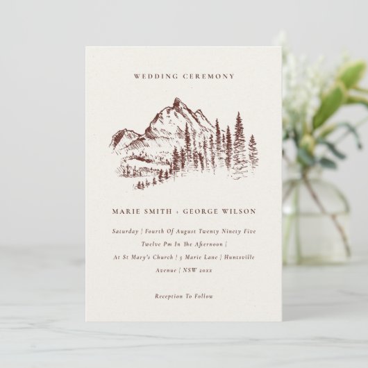 Rust Pine Bossen Mountain Sketch Wedding Invite Bedankkaart (Staand voorkant)
