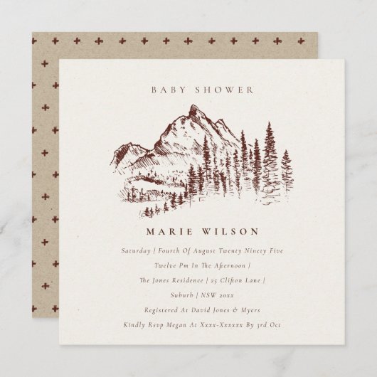 Rust Pine Mountain Sketch Baby shower Invite Bedankkaart (Voorkant / Achterkant)