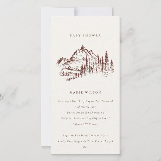 Rust Pine Mountain Sketch Baby shower Invite Bedankkaart (Voorkant)