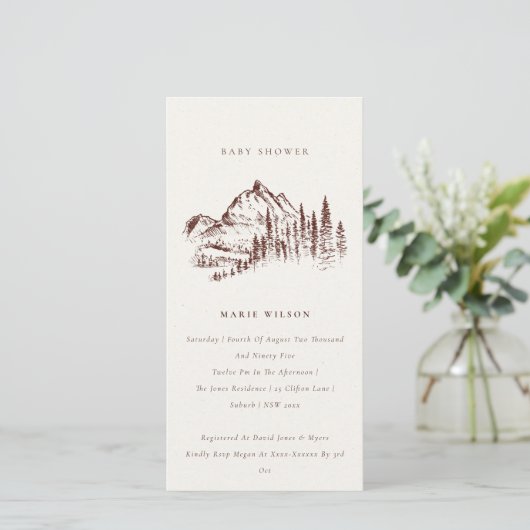 Rust Pine Mountain Sketch Baby shower Invite Bedankkaart (Staand voorkant)