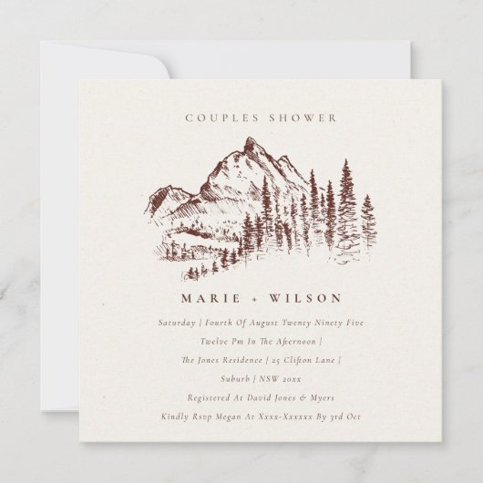 Rust Pine Mountain Sketch Couples Shower Invite Bedankkaart (Voorkant)