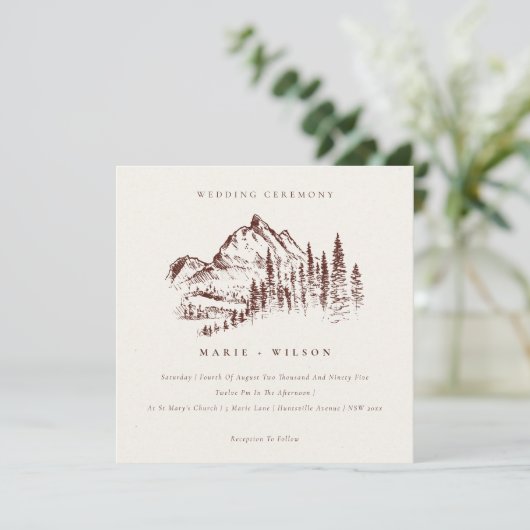 Rust Pine Woods Mountain Sketch Wedding Invitation (Debout devant)