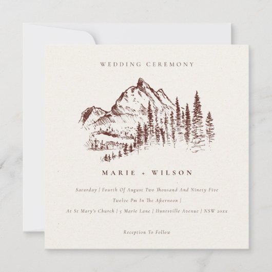 Rust Pine Woods Mountain Sketch Wedding Invitation (Devant)