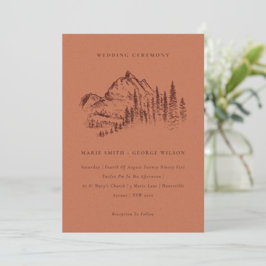 Rust Pine Woods Mountain Sketch Wedding Invitation (Debout devant)