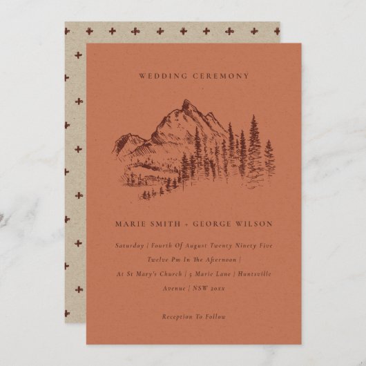 Rust Pine Woods Mountain Sketch Wedding Invitation (Devant / Derrière)