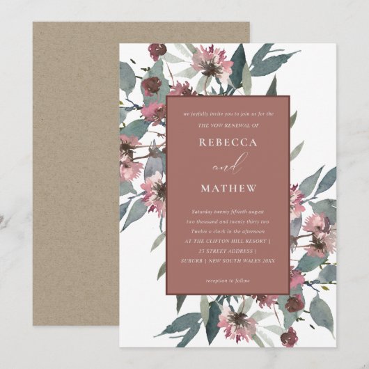 RUST PINK EUCALYPTUS FLORAL VOW RENEWAL INVITE BEDANKKAART (Voorkant / Achterkant)