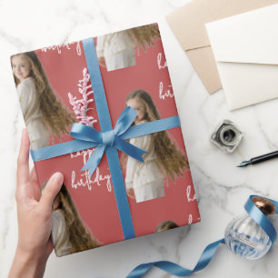 Rust Rood & Aangepaste Verjaardag tekst en foto - Cadeaupapier