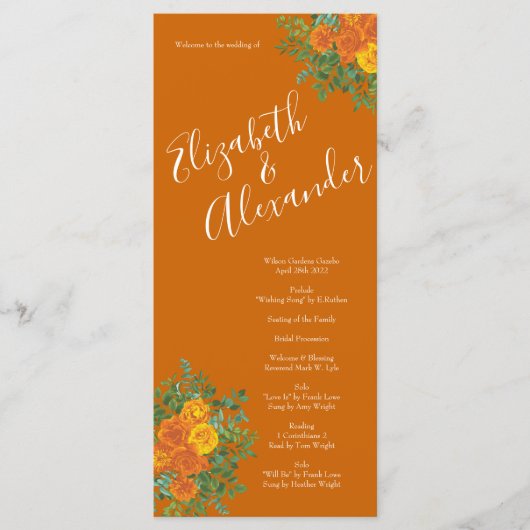 Rust Sinaasappel Wedding Floral Menu (Voorkant)