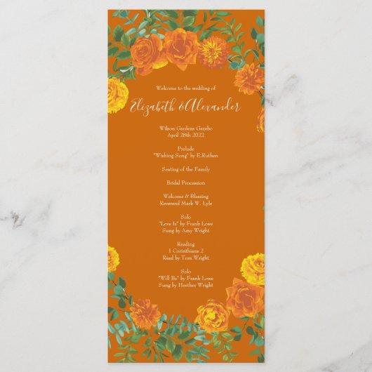Rust Sinaasappel Wedding Floral Menu (Voorkant)