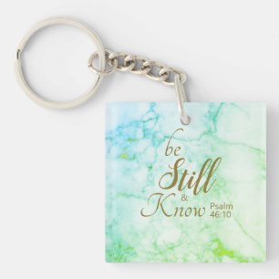 "Rust Stil en Weet" Bijbelvers Aqua Blauwe Marmer Sleutelhanger