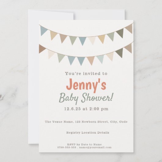 Rust Terracotta en Sage Green Bunting Baby shower Kaart (Voorkant)