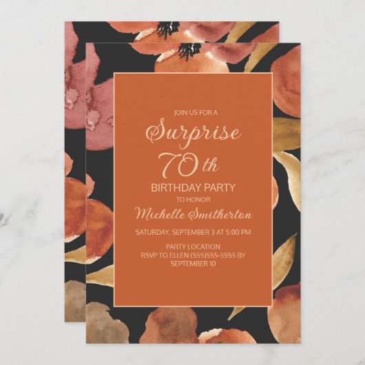 Rust Terracotta Floral Black 70th Surprise Kaart (Voorkant / Achterkant)