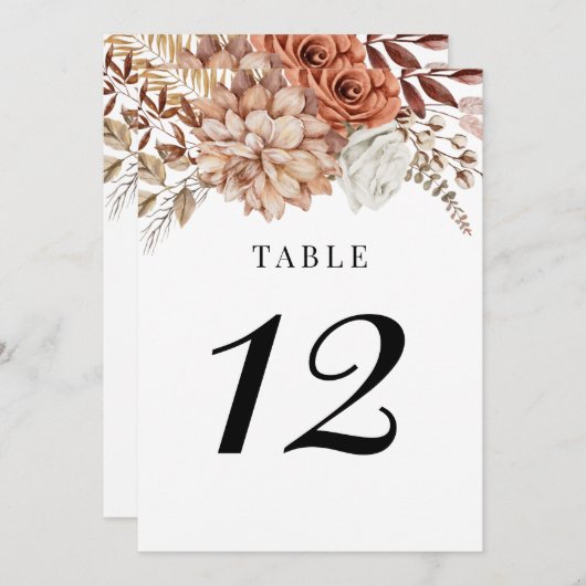 Rust Terracotta Herfst Boho Floral Table Number Kaart (Voorkant / Achterkant)