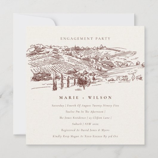 Rust Winery Mountain Sketch Verloving Invite Bedankkaart (Voorkant)