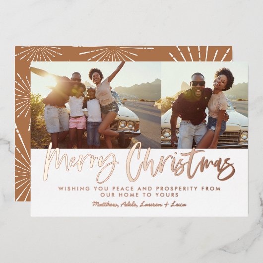 Rust wit script Kerstmis 2 foto Holiday Folie Feestdagenkaart (Voorkant / Achterkant)