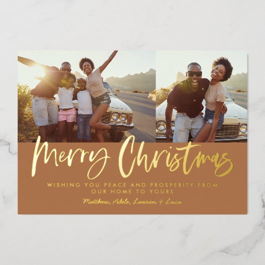 Rust wit script Kerstmis 2 foto Holiday Folie Feestdagenkaart (Voorkant)