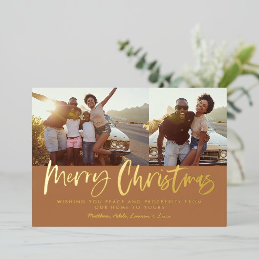 Rust wit script Kerstmis 2 foto Holiday Folie Feestdagenkaart (Staand Voorkant)