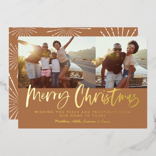 Rust wit script Kerstmis 2 foto Holiday Folie Feestdagenkaart (Voorkant / Achterkant)