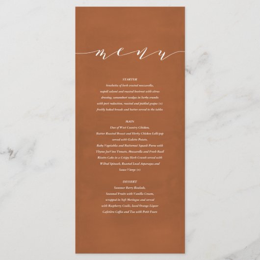 Rust + witte elegante waterverf geschilderde bruil menu (Voorkant)