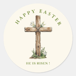 Rusten Houten Kruis Hij is verrezen Pasen Ronde Sticker