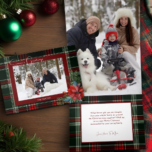 Rusten Kerstmis Plaid met Poinsettia & Pine Foto Drieluik Wenskaart