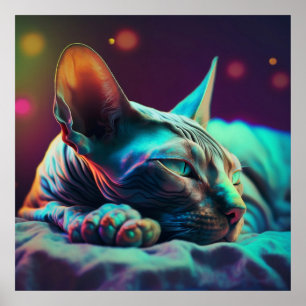 Rustende Sphynx Kat in Teal en Magenta Licht Poster